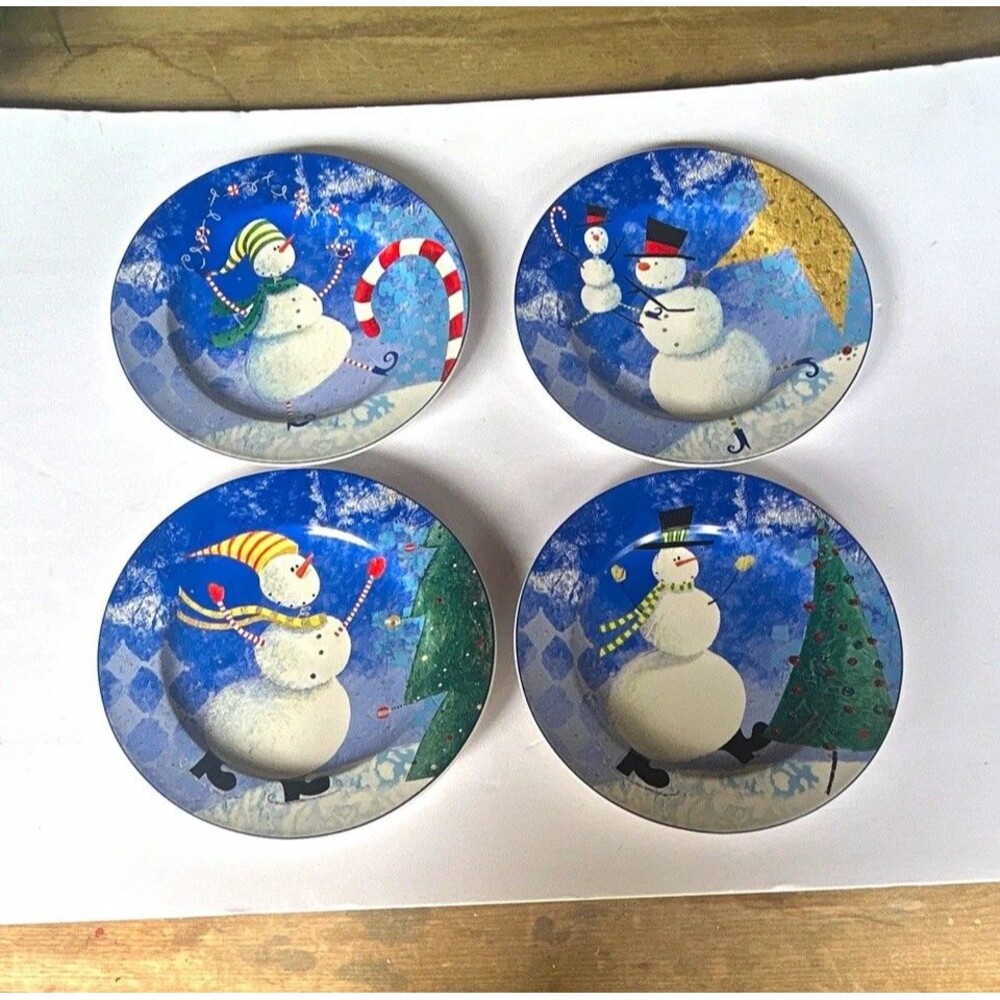 Sakura Oneida Snow Pals Stoneware Salad Dessert Plates Set of 4 Snowman Christma